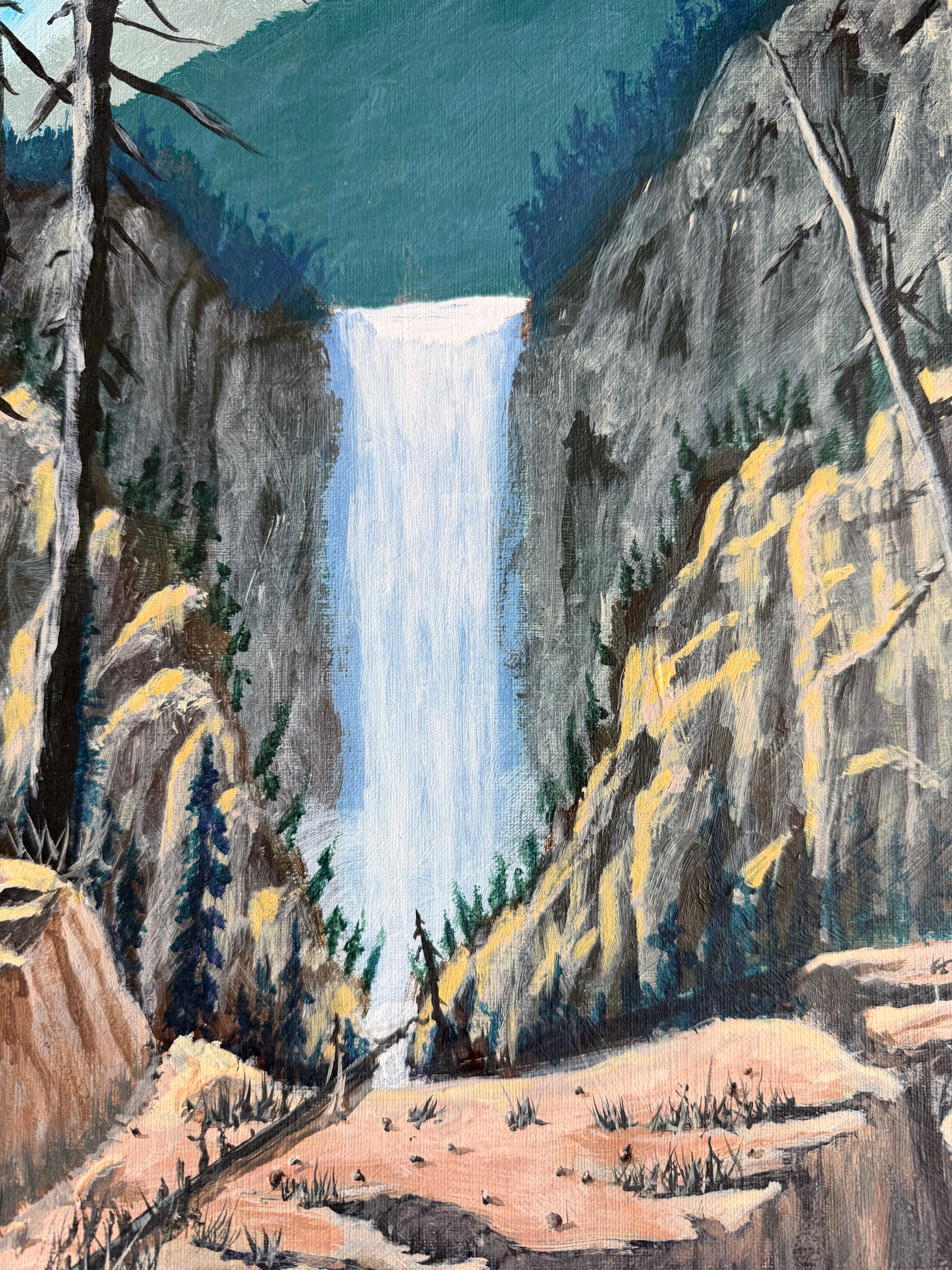 Painted forest and lake landscape with rocky terrain