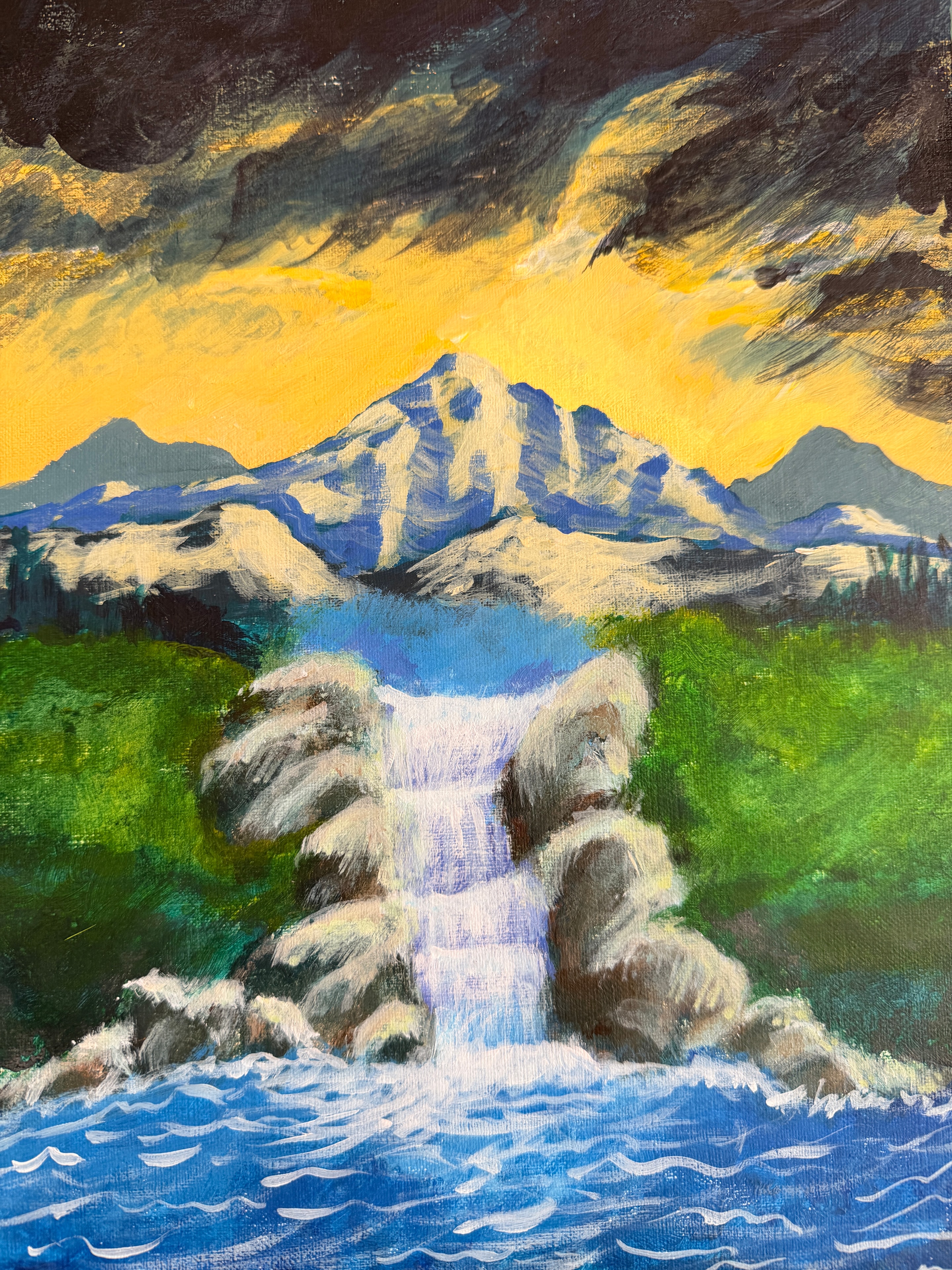 Painted canyon scene with a waterfall, rocks, and warm sunlight
